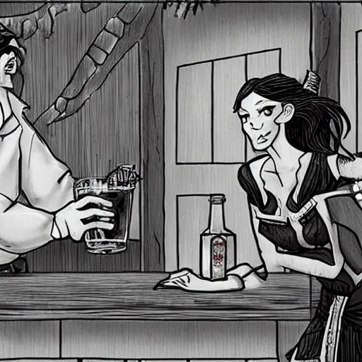 Image similar to A female elf bartender serving a drink to a tired orc office worker.
