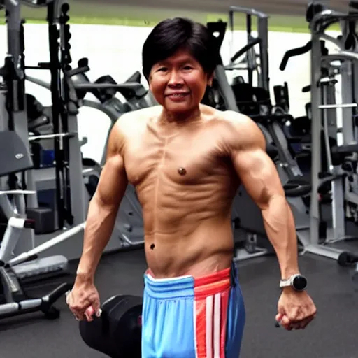 Image similar to A very muscular BongBong Marcos flexing in the gym