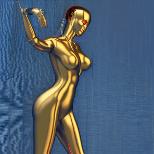 Image similar to chrome woman by hajime sorayama, 4 k, 3 d render, golden hour