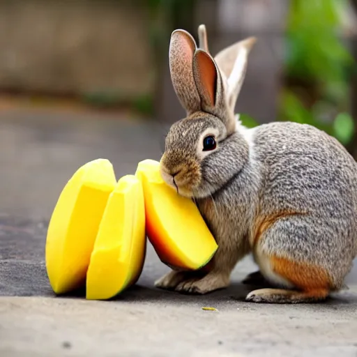 Prompt: a rabbit eating mango