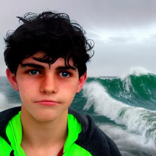 Image similar to photograph of a teenage boy with black hair and sea green eyes standing in the eyes of a Hurricane as waves and water crash around him