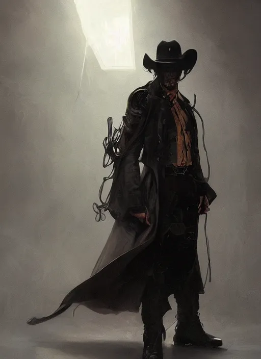 Prompt: a Photorealistic dramatic hyperrealistic render of a male cyborg dressed as a cowboy weaing a long black coat with a black cowboy hat, brilliant white eyes, short white hair,by WLOP,Artgerm,Greg Rutkowski,Alphonse Mucha, Beautiful dynamic dramatic dark moody lighting,shadows,cinematic atmosphere,Artstation,concept design art,Octane render,8K