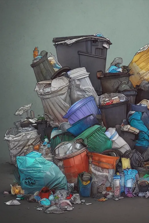 Image similar to fullstack of trash, realistic, art by jacqueline e, color by tafy laplanche, background by bo feng lin