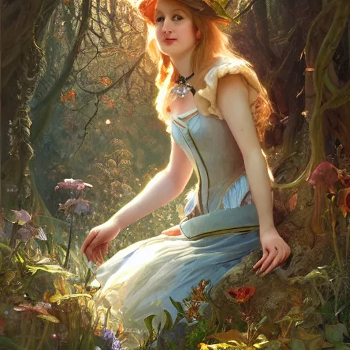 Image similar to close up portrait of alice in wonderland, magical forest, dramatic lighting, high detail, painted, by greg rutkowski, painted by stanley artgerm, painted by alphonse mucha, trending on artstation