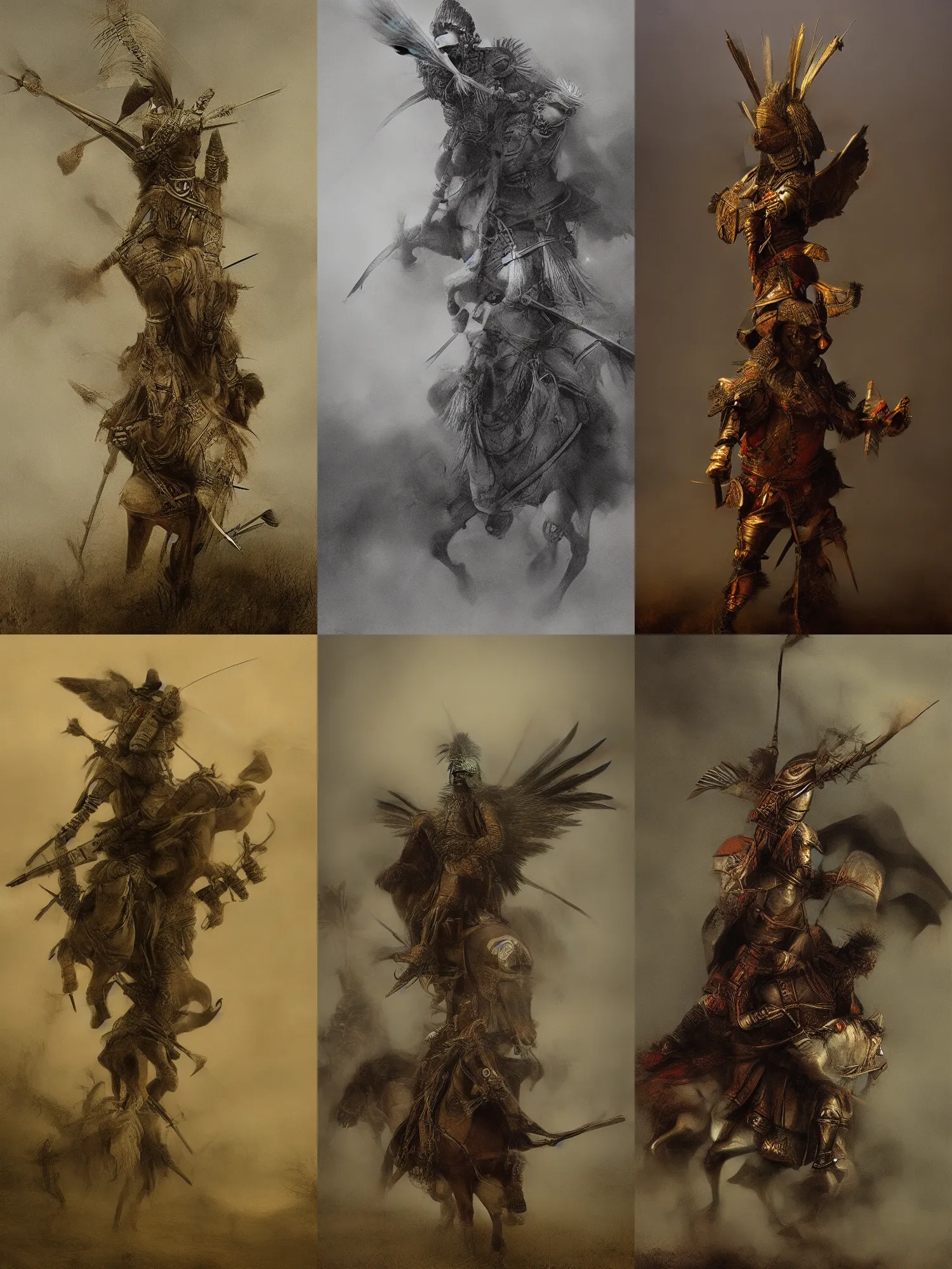 Prompt: undead winged hussar, foggy battlefield, rembrandt style,