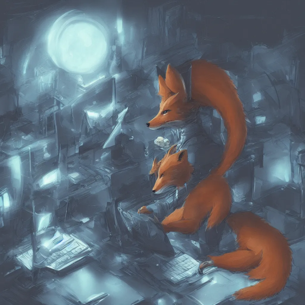 Image similar to an anthropomorphic fox in a blue hoodie sitting in front of the computer, dark tones, concept art, digital art, highly detailed, anime, by hayao miyazaki