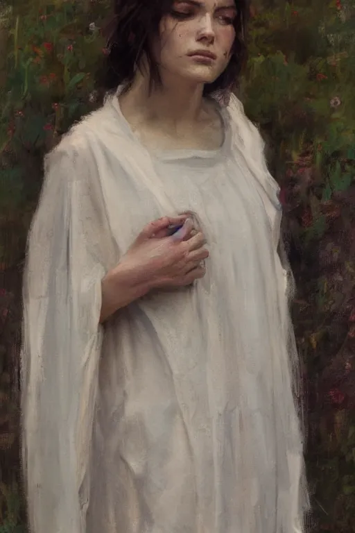 Image similar to Richard Schmid and Jeremy Lipking and Brom full length portrait painting of a young beautiful priestess woman