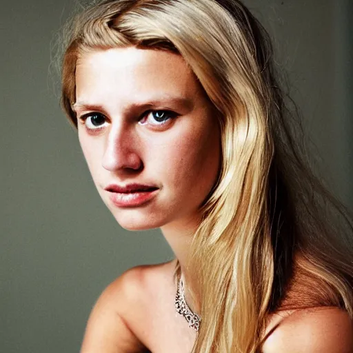 Image similar to portrait photograph by annie leibovitz of olive skinned blonde female in her twenties wearing designer clothes