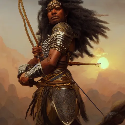 Image similar to a strong, dark-skinned mesopotamian archer with dreadlocks and six fingers, D&D, highly detailed, digital painting, artstation, concept art, sharp focus, illustration, cinematic lighting, art by artgerm and greg rutkowski and alphonse mucha