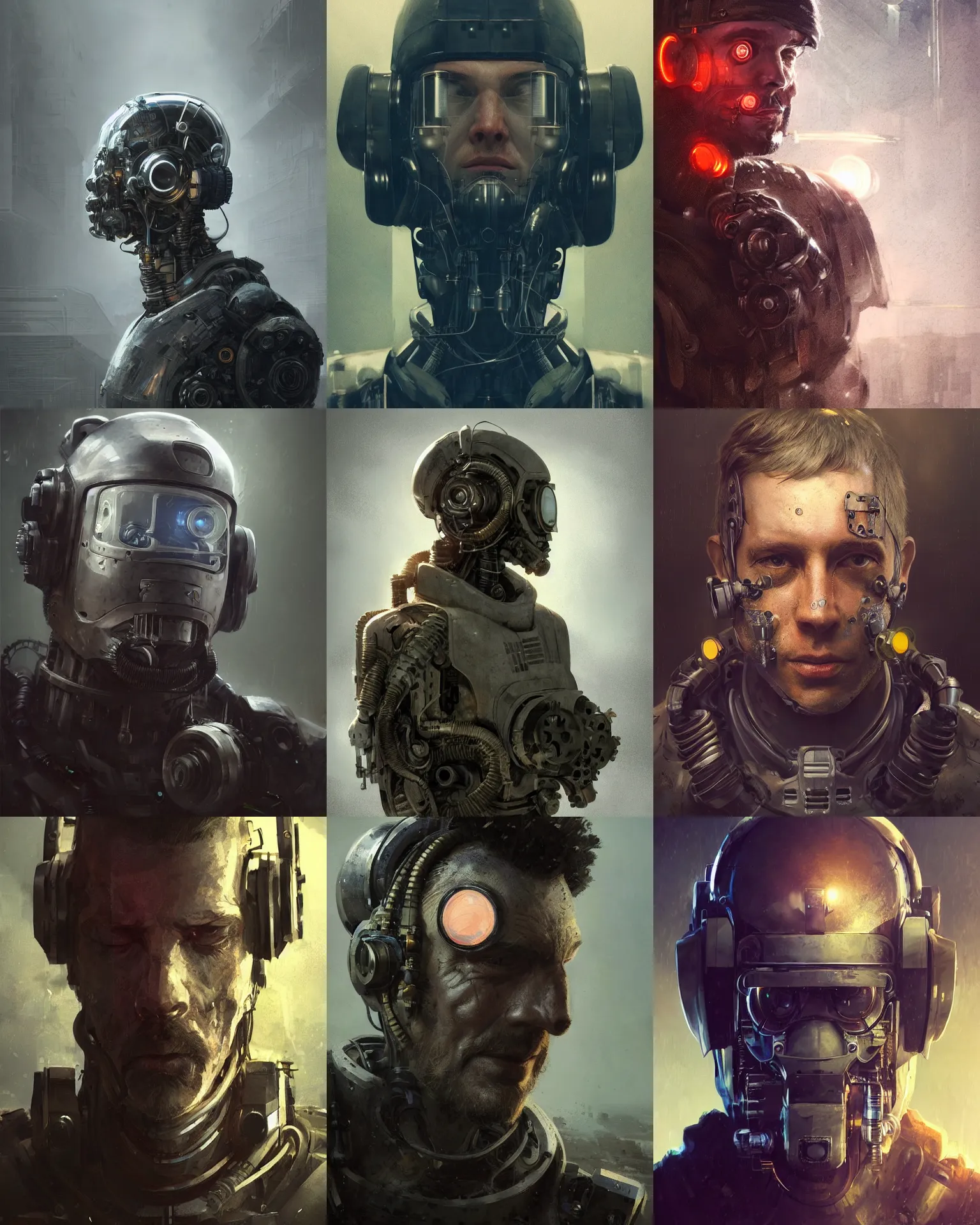 Prompt: a rugged research engineer man with cybernetic enhancements, detailed lens mask, scifi character portrait by greg rutkowski, esuthio, craig mullins, 1 / 4 headshot, cinematic lighting, dystopian scifi gear, gloomy, profile picture, mechanical, half robot, implants, steampunk, warm colors