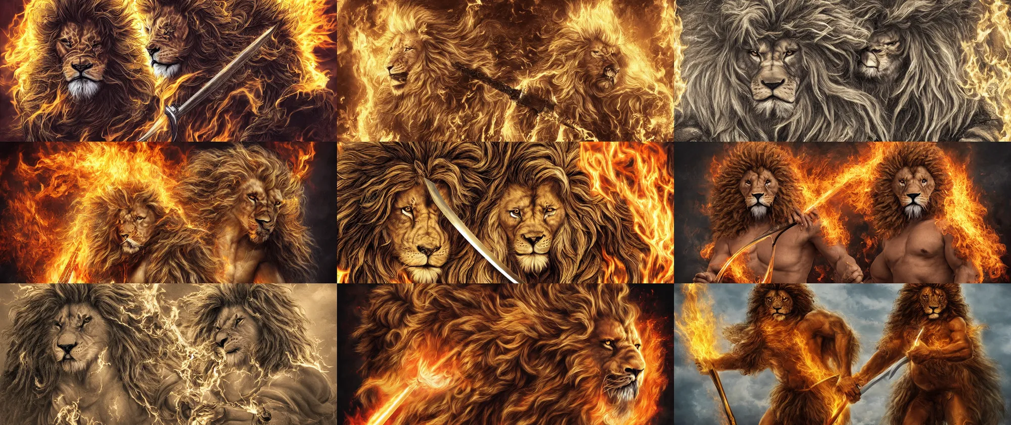 Prompt: Man who looks like a lion holding a sword of fire, highly detailed, photorealistic H 704