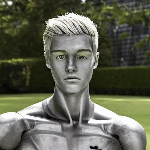 Image similar to a realistic detailed photo of a guy who is an attractive humanoid who is half robot and half humanoid, who is a male android, soccer player martin ødegaard, shiny skin, posing like a statue, blank stare, by the pool, on display, showing off his muscles, humanoid robot, frozen ice statue