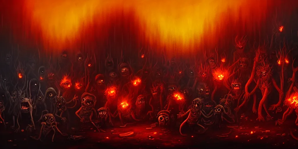Prompt: repressed emotion creatures and monsters riot in a fiery wasteland, dramatic lighting, attempting to escape to the surface and start a revolution, in a dark surreal painting by ronny khalil