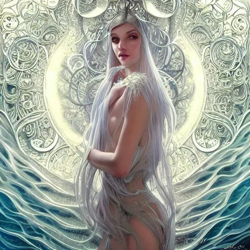 Image similar to a photograpic portrait of a anthropomorphic bioluminescent water wave wearing white clothes, fantasy, intricate, elegant, highly detailed, digital painting, artstation, concept art, smooth, sharp focus, illustration, art by artgerm and h r giger and alphonse mucha