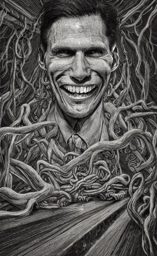 Image similar to portrait of lovecraftian smiling jerma, surrounded by beams of light dark background by wayne barlow, stanley donwood, anton semenov, zdzislaw bekinski, hr giger, 8 k, fantasy, dark, highly detailed