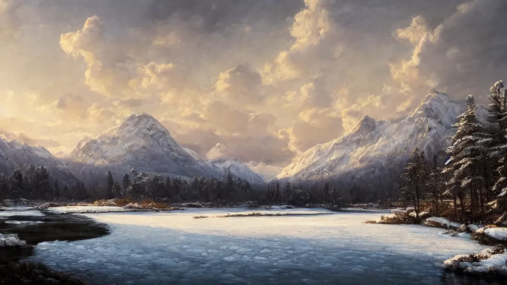 Image similar to the most beautiful panoramic landscape, oil painting, snowy mountains and a frozen river, clouds, cinematic lighting, highly detailed, very realistic