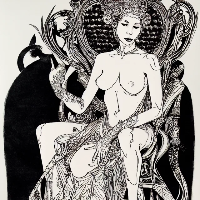 Image similar to salome full figure sitting on throne ink drawing by james jean very detailed high contrast xuan paper