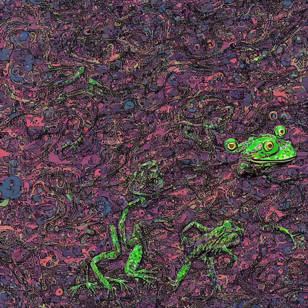 Image similar to toad head, toads, mechanical, technical, abstract, lcd, graphical, circuit board, computers, vektroid album cover, vectors, drips, dimensions, breakcore, leaks, glitches, frogs, amphibians, geometry, data, datamosh, motherboard, code, y 2 k, painting, dark, old web, cyber