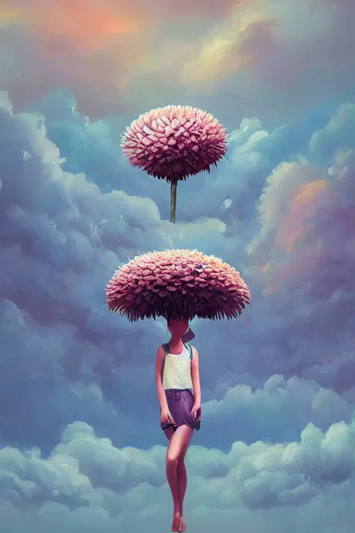 Prompt: closeup, giant daisy flower as a head, girl between monsteras, surreal photography, wind and cold, dramatic sky, impressionist painting, digital painting, artstation, simon stalenhag