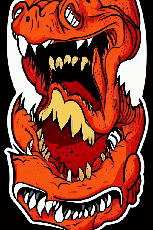 Prompt: Evil t-rex, the devil, sticker, blood thirsty, spawn of Satan, burning in hell, blood, evil, colorful, illustration, highly detailed, simple, smooth and clean vector curves, no jagged lines, vector art, smooth