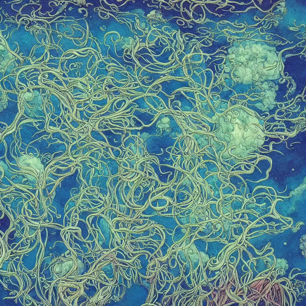 Prompt: beautiful and artistic mycelium on a fantastic planet and unusual inhabitants of the oceans, highly detailed, with optical illusion