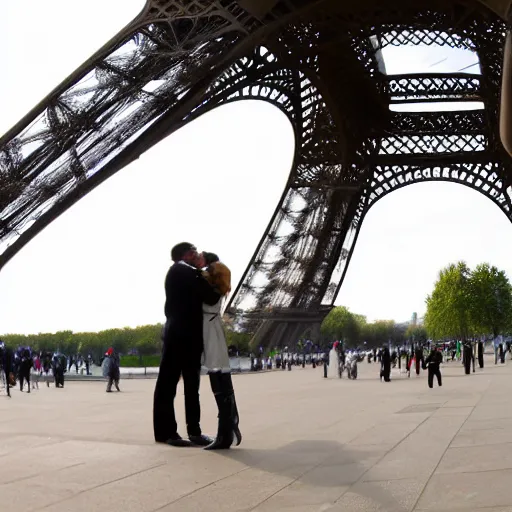 Prompt: two people kissing Infront of tour Eiffel, in style of Michael Angelo.