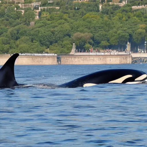 Prompt: orca whales swimming past the Eiffel Tower, 4k