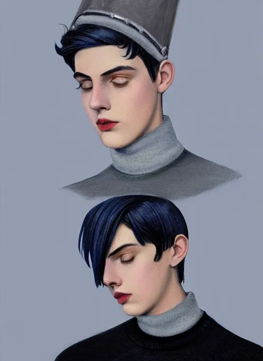 Image similar to portrait of teenage jughead jones wearing a light grey crown, crown, blue turtleneck, 1 9 5 0 s, closed eyes, photorealistic, black hair, glowing lighting, intricate, elegant, glowing lights, highly detailed, digital painting, artstation, concept art, smooth, sharp focus, illustration, art by wlop, mars ravelo and greg rutkowski