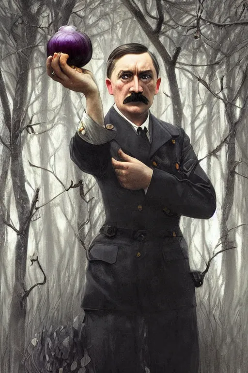 Image similar to beautiful cottagecore adolf hitler holding a Black Onion, blonde Hair, dark forest, intricate, elegant, highly detailed, digital painting, artstation, concept art, smooth, sharp, focus, illustration, art by artgerm and greg rutkowski and alphonse mucha