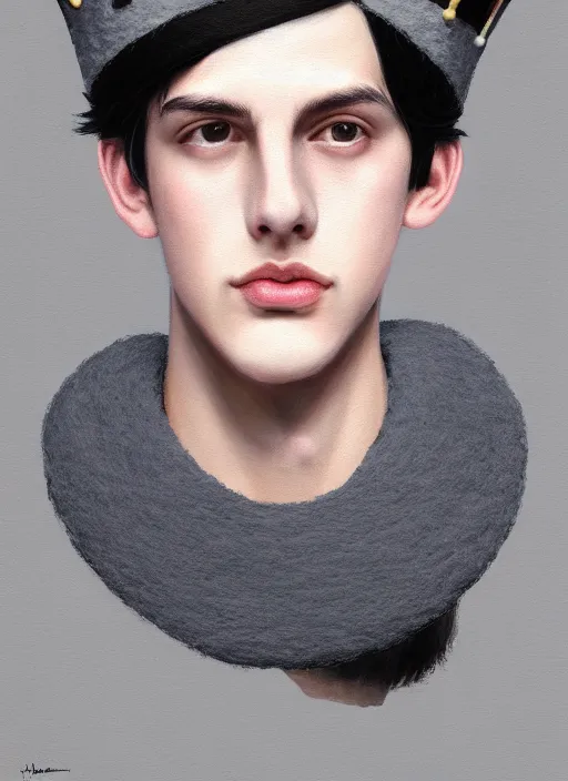 Image similar to portrait of teenage jughead jones wearing a light grey crown, photorealistic, crown made of felt fabric, crown, crown made of felt, black hair, intricate, elegant, highly detailed, digital painting, glowing lights, artstation, concept art, smooth, sharp focus, illustration, art by wlop, mars ravelo and greg rutkowski