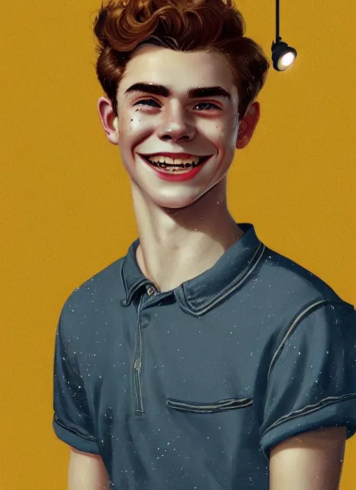 Image similar to portrait of teenage archie andrews, freckles, curly middle part haircut, curly hair, smiling kindly, friendly, 1 9 5 0 s, intricate, elegant, glowing lights, highly detailed, digital painting, artstation, concept art, smooth, sharp focus, illustration, art by wlop, mars ravelo and greg rutkowski