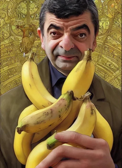 Image similar to Rowan Atkinson as cross eyed Mister Bean holding a banana, intricate, elegant, highly detailed, centered, digital painting, artstation, concept art, smooth, sharp focus, illustration, art by artgerm and donato giancola and alphonse mucha