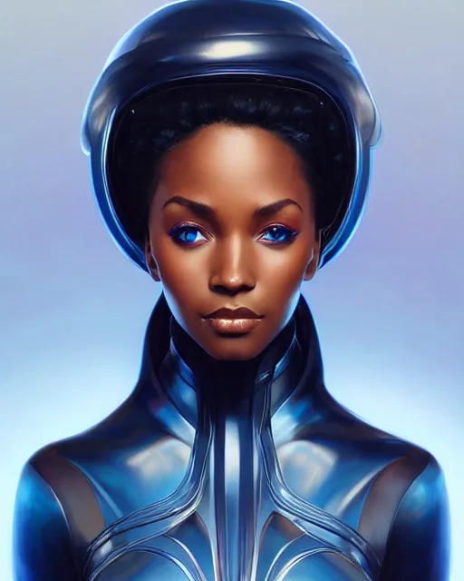 Image similar to Portrait of very very very very very very beautiful black woman, spacesuit, blue eyes, intricate, elegant, highly detailed, digital painting, artstation, concept art, smooth, sharp focus, illustration, real life skin, art by artgerm and greg rutkowski and alphonse mucha