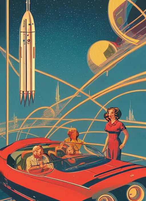 Prompt: 5 0's night retro - futurism by michael whelan and naomi okubo and dan mumford. cute 5 0's rockets. cel - shaded. glossy paint