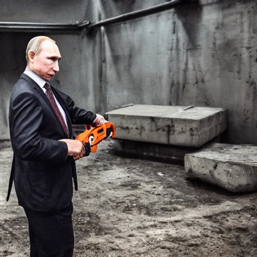 Image similar to putin with a chainsaw. in a concrete bunker with a pile of corpses. focus on putins face with blood splatters. canon eos r 3, f / 1. 4, iso 1 6 0 0, 1 / 8 0 s, 8 k, raw, grainy