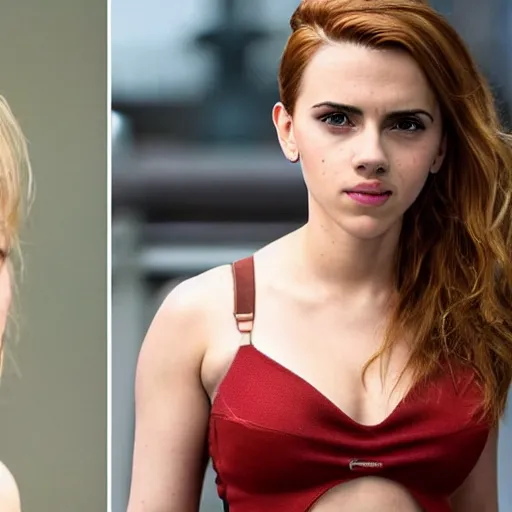 Image similar to a woman who is a genetic combination of scarlett johansson and emma watson face and upper - body focus