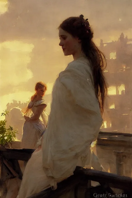 Image similar to portrait david sees bathsheba on the rooftop by anders zorn, wonderful masterpiece by greg rutkowski, beautiful cinematic light, american romanticism by greg manchess, jessica rossier