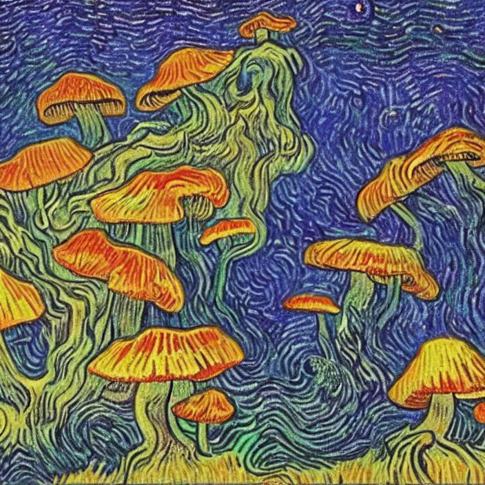 Image similar to a large cave lit by glowing mushrooms, colorful crystals grow from the ground, drawn with colored pencils, gloomy mood, by van gogh
