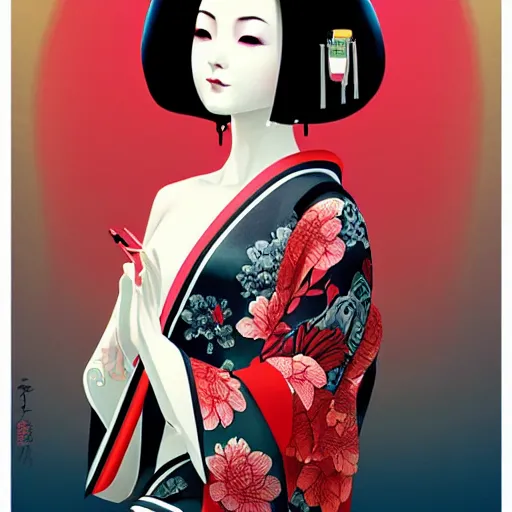 Image similar to an android geisha in a lotus position wearing a flowing kimono and tattoos, artwork by ilya kuvshinov