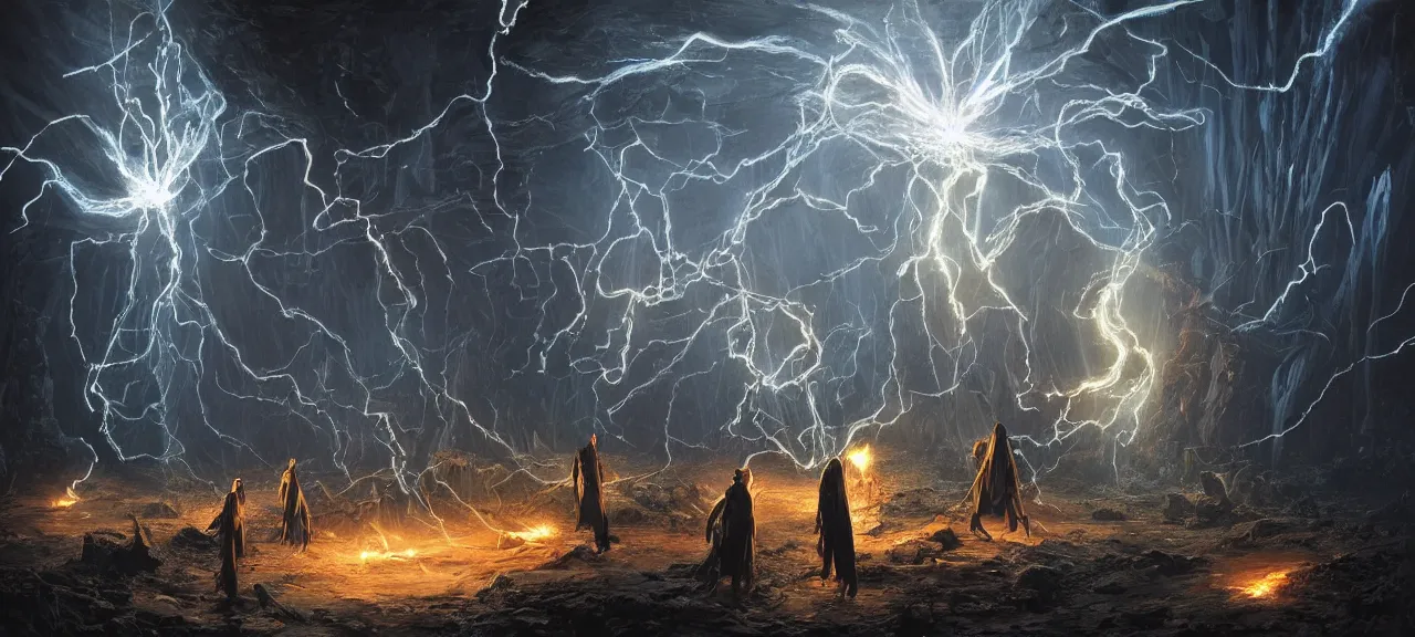 Prompt: Six wizards standing in dark cave and shoot fireballs and energy beams from their magic staffs at DV character Black Adam, dark ancient atmosphere, full of glowing sparks floating randomly around and dramatic lighting, fluid particles rising from ground, great digital art with details, by Lee Madgwick and Martin Johnson Heade