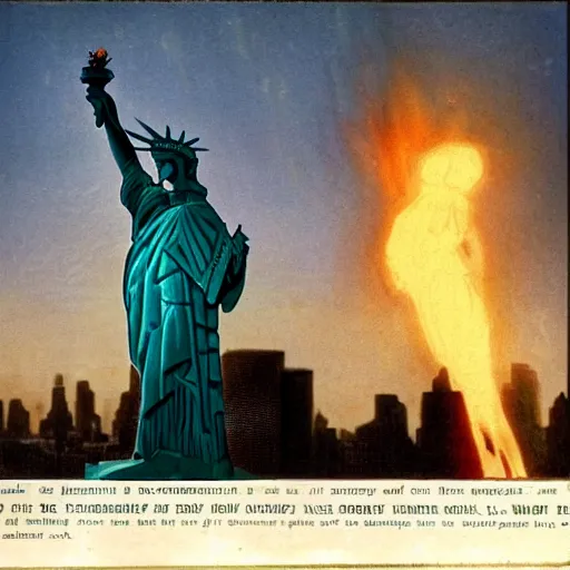 Image similar to statue of liberty attacking new york, chaos, fire