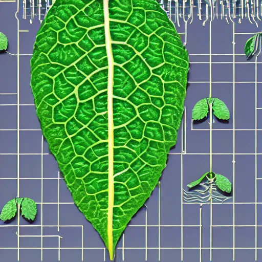 Image similar to a digital leaf of mint with circuit board paths instead of veins