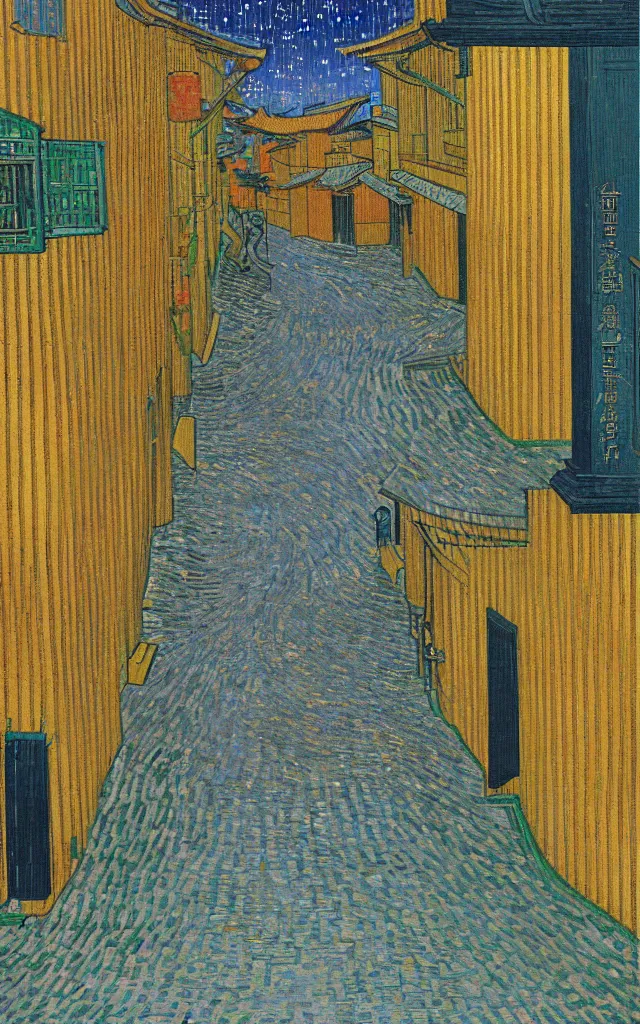 Image similar to rainy streets of kyoto, fibonacci sequence. japanese embroidery. retro minimalist art by jean giraud and van gogh.