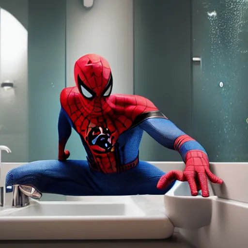 Image similar to spider-man cleaning the sink with a sponge, 4k realistic photo