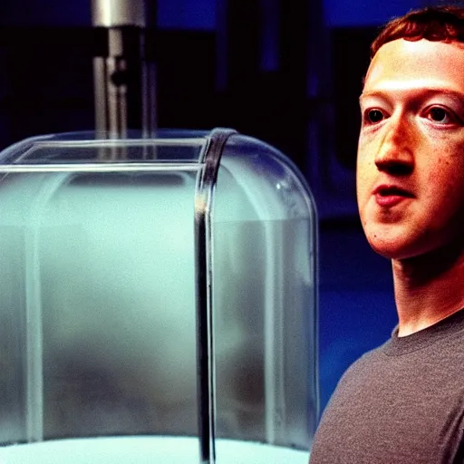 Image similar to mark zuckerberg in a cryostasis tube from Aliens. photograph.