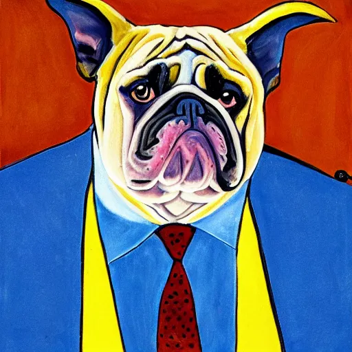 Prompt: american realist portrait of bat - eared fish - bulldog hybrid creature wearing a suit, ultramarine blue, burnt sienna and azo yellow