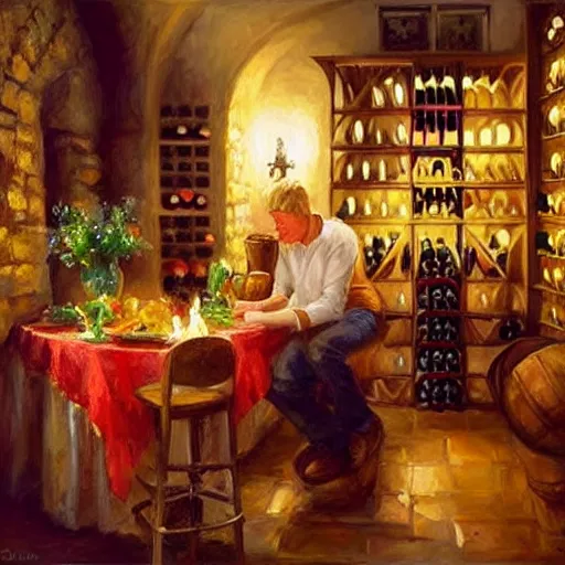 Image similar to wine cellar full of food, torches on the wall, schnapps, romantic, inviting, cozy, blonde woman, painting Vladimir Volegov