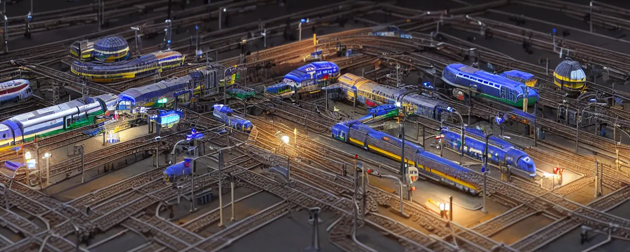 Image similar to mega detailed miniature voxel diorama of huge railway station by night, futuristic architecture, tilt shift, volumetric lighting, several trains on rails, near future 2 0 3 0