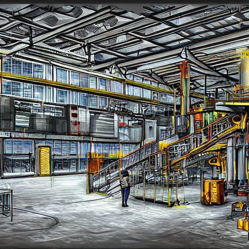 Prompt: detailed factory, digital art, wimmelbilder