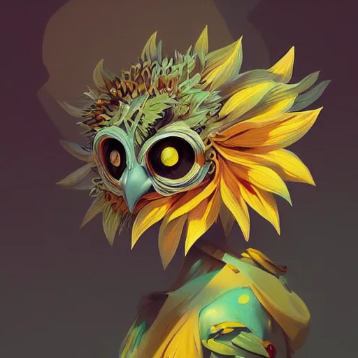 Image similar to beautiful peter mohrbacher illustration of a sunflower owl. 4k hq trending on artstation